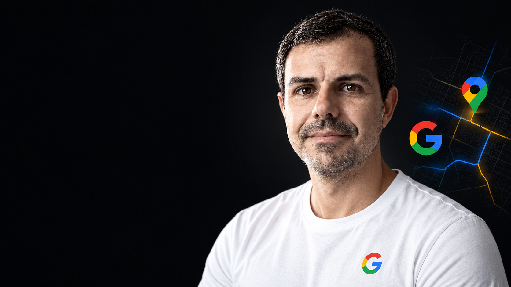 Retrato de Pablo Soares, de camiseta branca, sobre fundo escuro